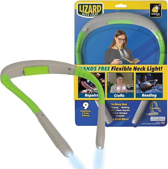Alien Lizard Neck Light AS-SEEN-ON-TV Book Light for Reading in Bed, Bendable Portable Light, for Reading, Knitting, Camping and Repairing with Adjustable Brightness Levels, Green